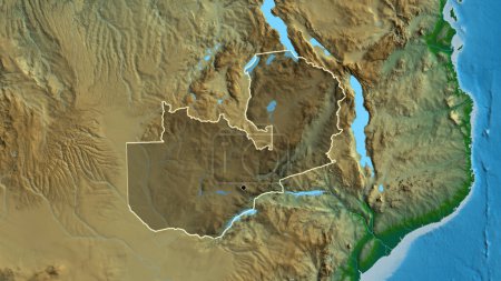 Photo for Close-up of the Zambia border area highlighting with a dark overlay on a physical map. Capital point. Outline around the country shape. - Royalty Free Image