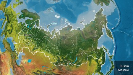 Nahaufnahme des russischen Grenzgebiets und seiner regionalen Grenzen auf einer topografischen Karte. Kapitalpunkt. Umrisse um das Land herum formen. Englischer Name des Landes und seiner Hauptstadt