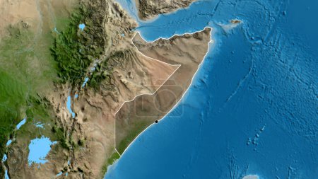 Photo for Close-up of the Somalia border area highlighting with a dark overlay on a satellite map. Capital point. Outline around the country shape. - Royalty Free Image