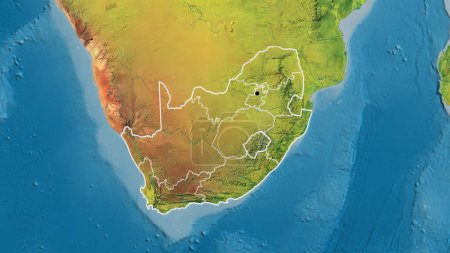 Primer plano de la zona fronteriza de Sudáfrica y sus fronteras regionales en un mapa topográfico. Punto capital. Esquema alrededor de la forma del país. 