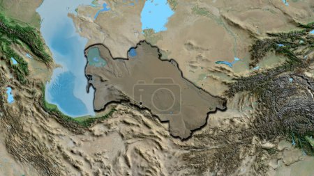 Photo for Close-up of the Turkmenistan border area highlighting with a dark overlay on a satellite map. Capital point. Bevelled edges of the country shape. - Royalty Free Image