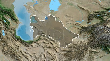 Photo for Close-up of the Turkmenistan border area highlighting with a dark overlay on a satellite map. Capital point. Outline around the country shape. - Royalty Free Image