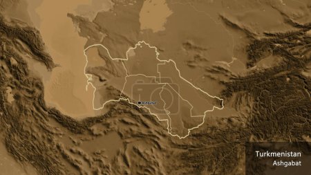 Photo for Close-up of the Turkmenistan border area and its regional borders on a sepia elevation map. Capital point. Outline around the country shape. English name of the country and its capital - Royalty Free Image
