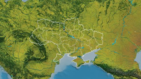 Close-up of the Ukraine border area and its regional borders on a topographic map. Capital point. Outline around the country shape. 