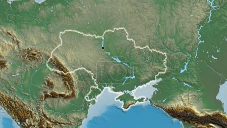 Close-up of the Ukraine border area on a relief map. Capital point. Glow around the country shape. 