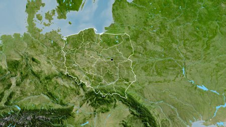 Close-up of the Poland border area and its regional borders on a satellite map. Capital point. Outline around the country shape. 