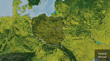 Close-up of the Poland border area highlighting with a dark overlay on a topographic map. Capital point. Outline around the country shape. English name of the country and its capital