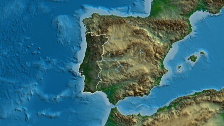 Téléchargez les photos : Gros plan de la zone frontalière du Portugal, avec une couverture sombre sur une carte physique. Point capital. contour autour de la forme du pays. - en image libre de droit