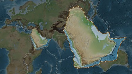 Photo for Area of the Arabian tectonic plate outlined and extracted from a global pale colored elevation map in the Patterson Cylindrical projection - Royalty Free Image