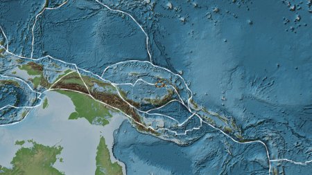 Photo for Area of the Manus tectonic plate marked with a dashed line on a pale colored elevation map in the Patterson Cylindrical projection - Royalty Free Image