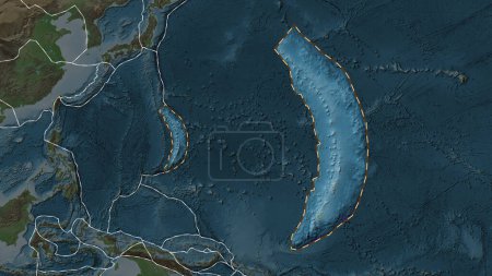 Foto de Área de la placa tectónica de Mariana delineada y extraída de un mapa global de elevación de color pálido en la proyección cilíndrica Patterson - Imagen libre de derechos