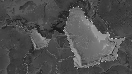 Photo for Area of the Arabian tectonic plate outlined and extracted from a global grayscale elevation map in the Patterson Cylindrical projection - Royalty Free Image