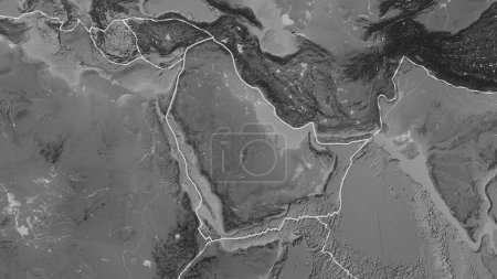 Photo for Area of the Arabian tectonic plate marked with a solid line on a grayscale elevation map in the Patterson Cylindrical projection - Royalty Free Image