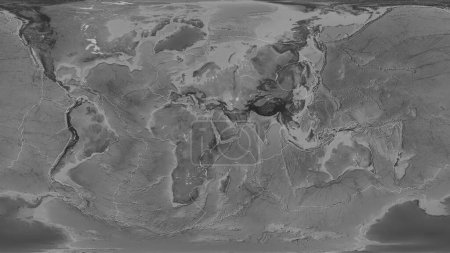 Photo for Grayscale elevation map of the world in the Patterson Cylindrical projection transformed to the center of the Arabian tectonic plate - Royalty Free Image