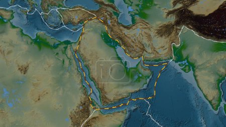 Photo for Area of the Arabian tectonic plate marked with a dashed line on a colored elevation map in the Patterson Cylindrical projection - Royalty Free Image