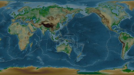 Photo for Colored elevation map of the world in the Patterson Cylindrical projection transformed to the center of the Caroline tectonic plate - Royalty Free Image