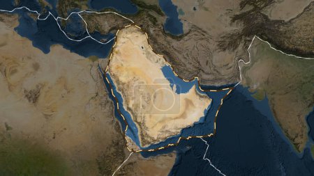 Photo for Area of the Arabian tectonic plate marked with a dashed line against the background of a darkened satellite imagery map in the Patterson Cylindrical projection - Royalty Free Image