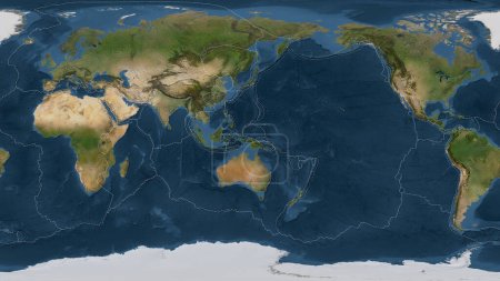 Foto de Mapa de imágenes satelitales del mundo en la proyección cilíndrica Patterson transformada en el centro de la placa tectónica Maoke - Imagen libre de derechos