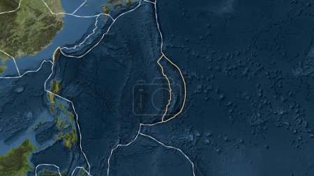 Foto de Área de la placa tectónica de Mariana marcada con una línea sólida en un mapa de imágenes satelitales en la proyección cilíndrica Patterson - Imagen libre de derechos