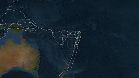 Foto de Placas tectónicas bordes de áreas adyacentes al área de placas Tonga en el mapa satelital en la proyección cilíndrica Patterson - Imagen libre de derechos