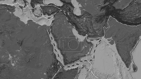 Photo for Area of the Arabian tectonic plate marked with a dashed line on a bilevel elevation map in the Fahey projection - Royalty Free Image