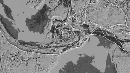 Téléchargez les photos : Zone de la plaque tectonique de la mer de Banda marquée d'une ligne continue sur une carte d'élévation à bille dans la projection de Fahey - en image libre de droit
