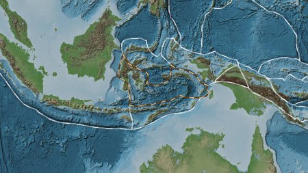 Téléchargez les photos : Zone de la plaque tectonique de la mer de Banda marquée d'une ligne pointillée sur une carte d'altitude de couleur pâle dans la projection de Fahey - en image libre de droit