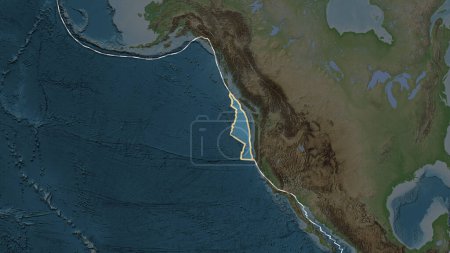 Foto de Placas tectónicas bordes de áreas adyacentes al área de placas de Juan de Fuca en el mapa topográfico en la proyección de Fahey - Imagen libre de derechos