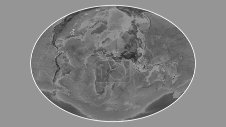 Photo for Grayscale elevation map of the world in the Fahey projection transformed to the center of the Arabian tectonic plate - Royalty Free Image