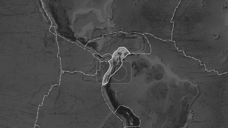 Foto de Placas tectónicas bordes de áreas adyacentes al área de la placa de los Andes del Norte en el mapa de escala de grises en la proyección de Fahey - Imagen libre de derechos