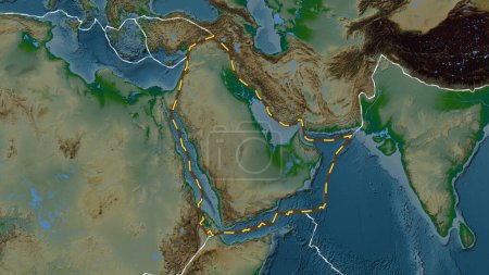 Photo for Area of the Arabian tectonic plate marked with a dashed line on a colored elevation map in the Fahey projection - Royalty Free Image