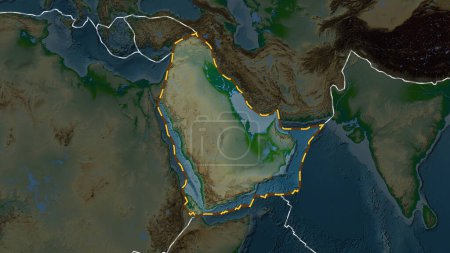 Photo for Area of the Arabian tectonic plate marked with a dashed line against the background of a darkened colored elevation map in the Fahey projection - Royalty Free Image
