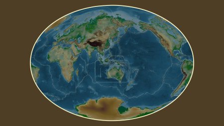 Téléchargez les photos : Carte d'altitude colorée du monde dans la projection Fahey transformée au centre de la plaque tectonique de la mer de Banda - en image libre de droit
