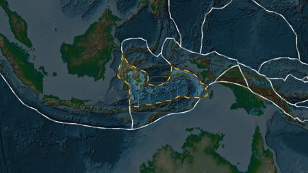Téléchargez les photos : Zone de la plaque tectonique de la mer de Banda marquée d'une ligne pointillée sur le fond d'une carte d'altitude de couleur foncée dans la projection Fahey - en image libre de droit