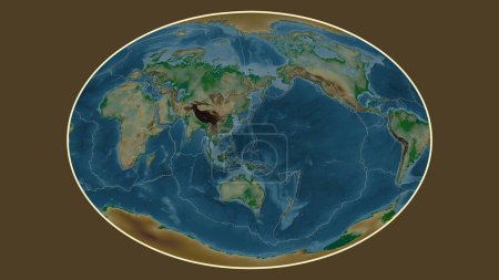 Foto de Mapa de elevación coloreado del mundo en la proyección de Fahey transformado en el centro de la placa tectónica de Mariana - Imagen libre de derechos