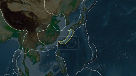Foto de Placas tectónicas bordes de áreas adyacentes al área de placas de Okinawa en el mapa físico en la proyección de Fahey - Imagen libre de derechos