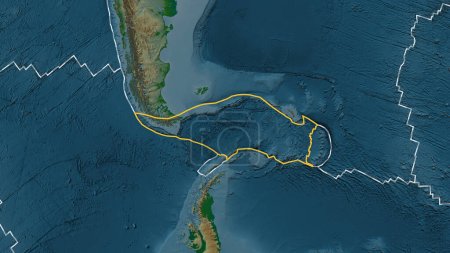 Téléchargez les photos : Zone de la plaque tectonique Scotia marquée d'une ligne continue sur une carte d'altitude colorée dans la projection de Fahey - en image libre de droit