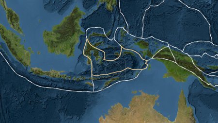 Téléchargez les photos : Zone de la plaque tectonique de la mer de Banda marquée d'une ligne continue sur une carte d'imagerie satellite dans la projection Fahey - en image libre de droit