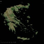 Shape of a Pale colored elevation map with lakes and rivers of the Greece, with distance scale and map border coordinates, isolated on black