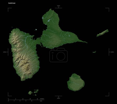 Téléchargez les photos : Forme d'une carte d'altitude de couleur pâle avec lacs et rivières de la Guadeloupe, avec échelle de distance et coordonnées de frontière de carte, isolé sur noir - en image libre de droit