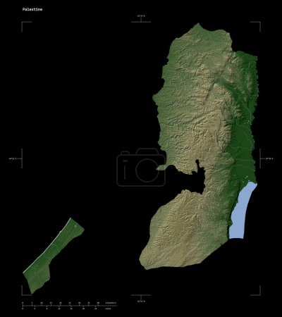 Téléchargez les photos : Forme d'une carte d'altitude de couleur pâle avec lacs et rivières de la Palestine, avec échelle de distance et coordonnées de frontière de carte, isolé sur noir - en image libre de droit