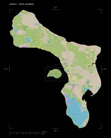 Téléchargez les photos : Forme d'une carte topographique de style standard OSM du Bonaire - Caraïbes néerlandaises, avec échelle de distance et coordonnées de frontière de carte, isolée sur noir - en image libre de droit