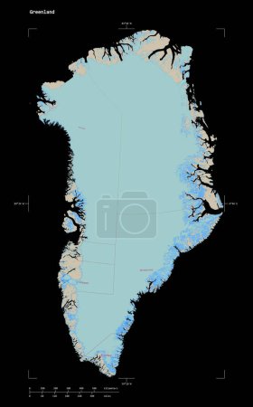 Foto de Forma de un mapa topográfico de estilo estándar OSM de Groenlandia, con coordenadas de frontera de escala y mapa de distancia, aislado en negro - Imagen libre de derechos