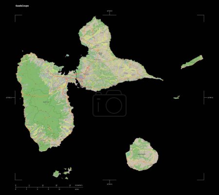Téléchargez les photos : Forme d'une carte topographique de style OSM standard de la Guadeloupe, avec échelle de distance et coordonnées de bordure de carte, isolée en noir - en image libre de droit
