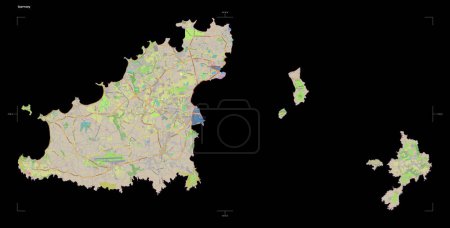 Photo for Shape of a topographic, OSM standard style map of the Guernsey, with distance scale and map border coordinates, isolated on black - Royalty Free Image