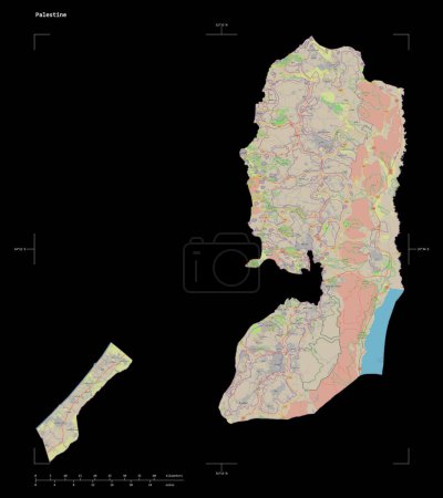Téléchargez les photos : Forme d'une carte topographique de style OSM standard de la Palestine, avec échelle de distance et coordonnées de frontière de carte, isolée sur noir - en image libre de droit