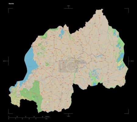 Téléchargez les photos : Forme d'une carte topographique de style standard OSM du Rwanda, avec échelle de distance et coordonnées de frontière de carte, isolée sur noir - en image libre de droit