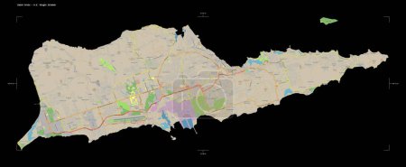 Téléchargez les photos : Forme d'une carte topographique de style standard OSM de Sainte Croix - Îles Vierges américaines, avec échelle de distance et coordonnées de la frontière de la carte, isolée sur noir - en image libre de droit