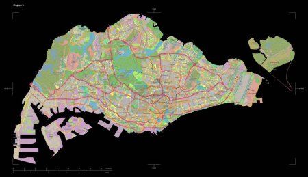 Photo for Shape of a topographic, OSM standard style map of the Singapore, with distance scale and map border coordinates, isolated on black - Royalty Free Image