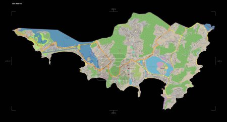 Téléchargez les photos : Forme d'une carte topographique de style OSM standard de la Sint Maarten, avec échelle de distance et coordonnées de bordure de carte, isolée sur noir - en image libre de droit